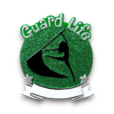 Personalized Color Guard Green Christmas Ornament with customizable name, featuring a performer silhouette on a green glitter background.
