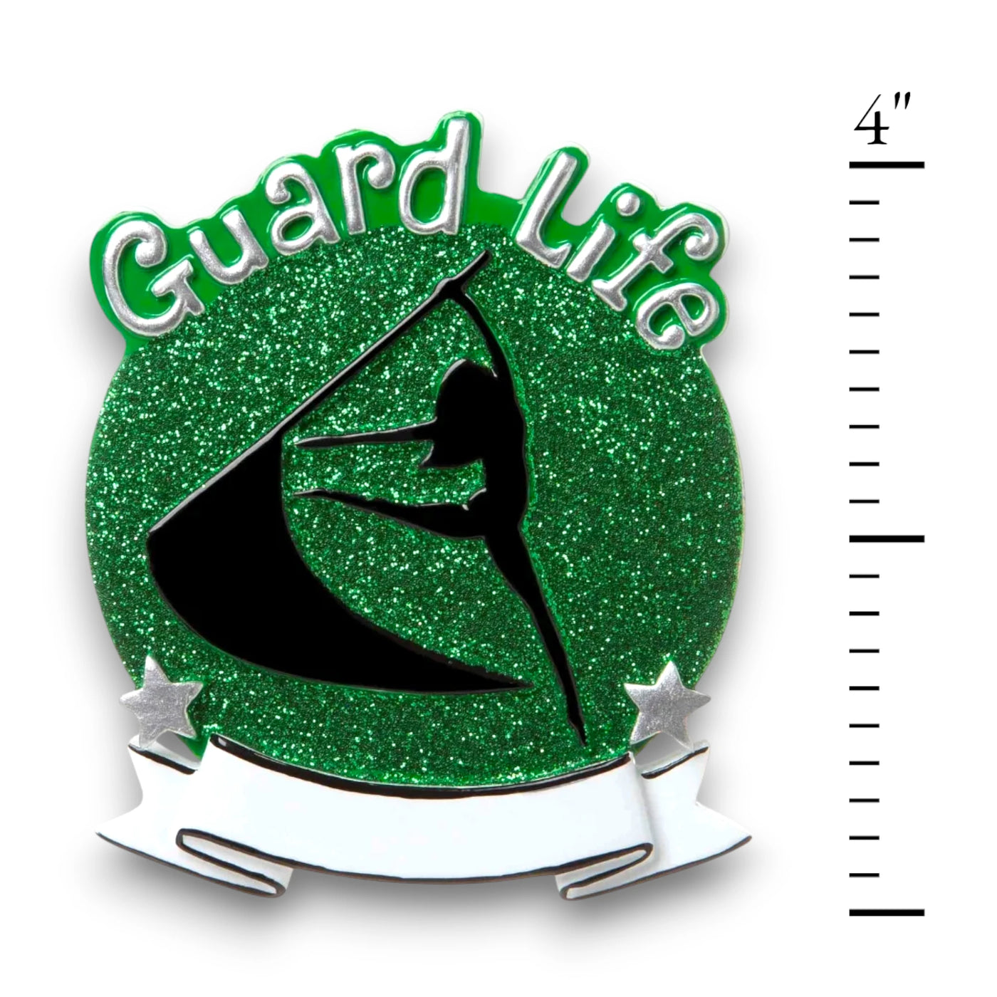 Personalized Color Guard Green Christmas Ornament with customizable name, featuring a performer silhouette on a green glitter background.
