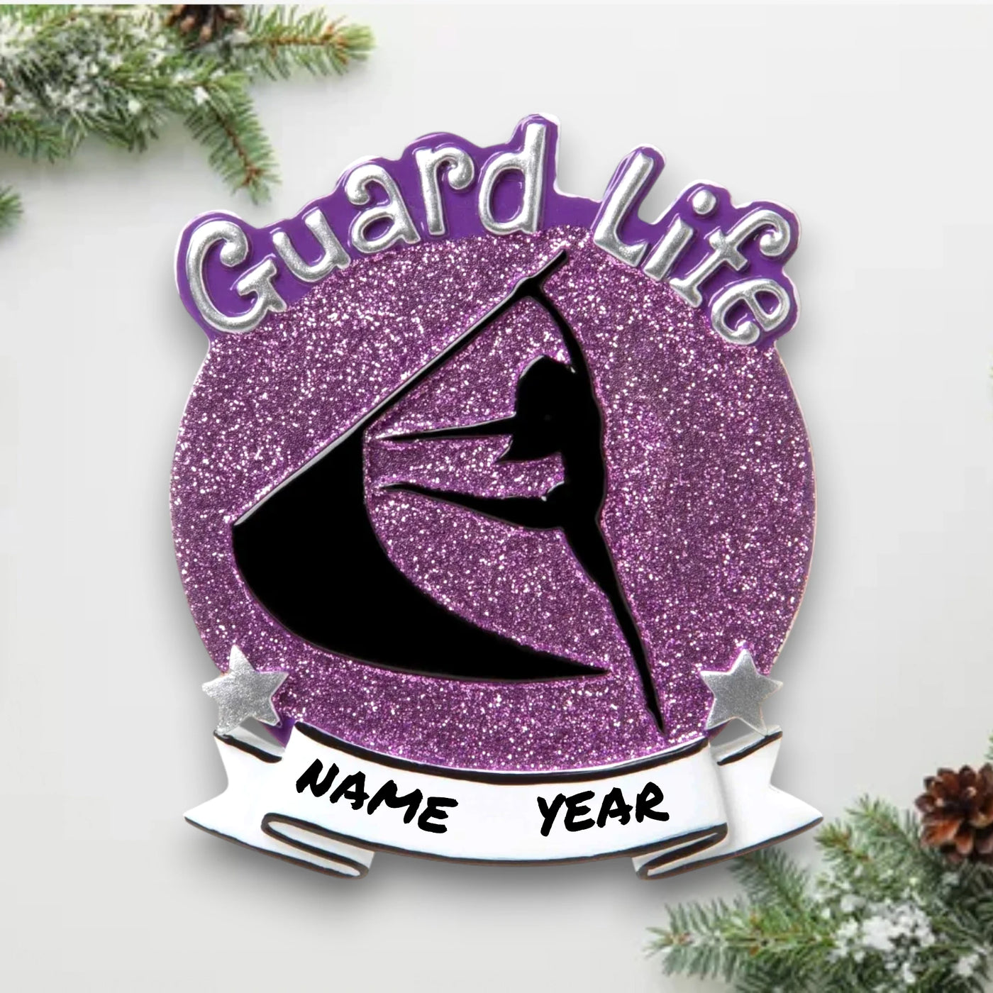 Personalized Color Guard Purple Christmas Ornament with customizable name, featuring a performer silhouette on a purple glitter background.
