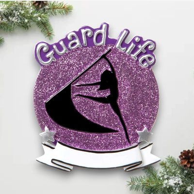 Personalized Color Guard Purple Christmas Ornament with customizable name, featuring a performer silhouette on a purple glitter background.
