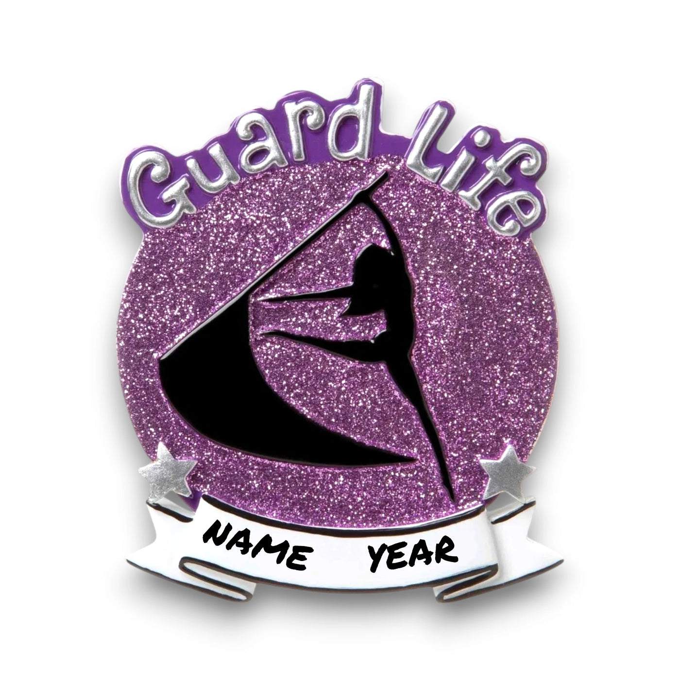 Personalized Color Guard Purple Christmas Ornament with customizable name, featuring a performer silhouette on a purple glitter background.
