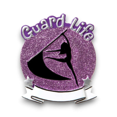 Personalized Color Guard Purple Christmas Ornament with customizable name, featuring a performer silhouette on a purple glitter background.
