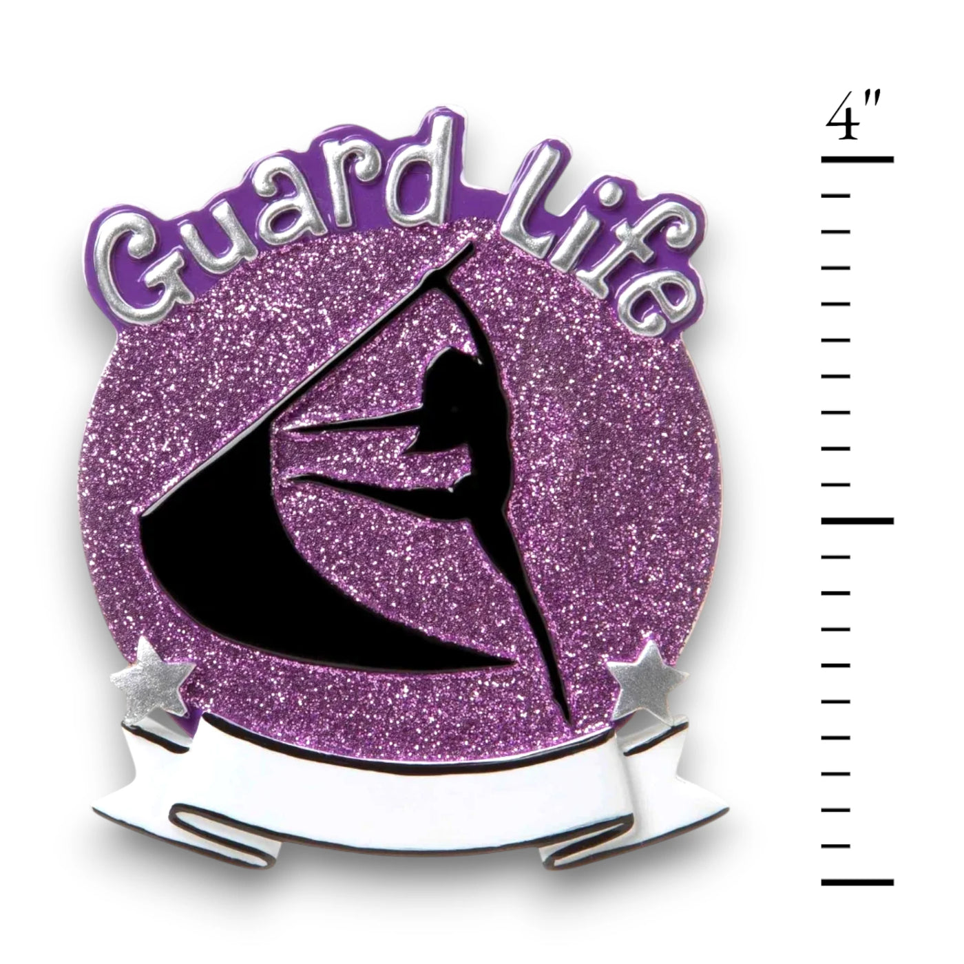 Personalized Color Guard Purple Christmas Ornament with customizable name, featuring a performer silhouette on a purple glitter background.
