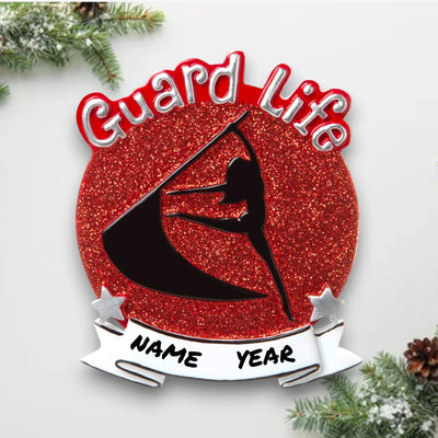  Personalized Color Guard Red Christmas Ornament with customizable name, featuring a performer silhouette on a red glitter background.
