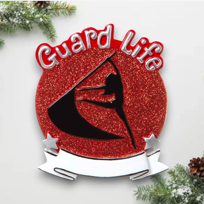  Personalized Color Guard Red Christmas Ornament with customizable name, featuring a performer silhouette on a red glitter background.
