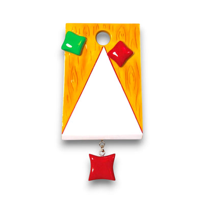  Personalized Corn Hole Bag Toss Christmas Ornament with customizable name, featuring a mini corn hole board and colorful bean bags.
