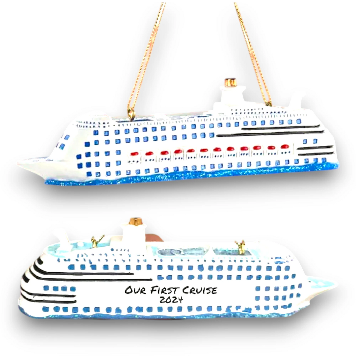 Personalized Cruise Ship Christmas Ornament featuring a detailed white and blue cruise ship design, customizable with name and year.
