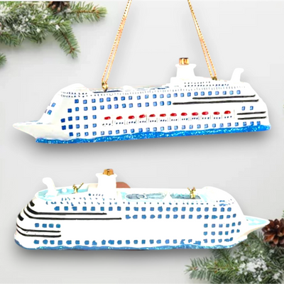 Personalized Cruise Ship Christmas Ornament featuring a detailed white and blue cruise ship design, customizable with name and year.
