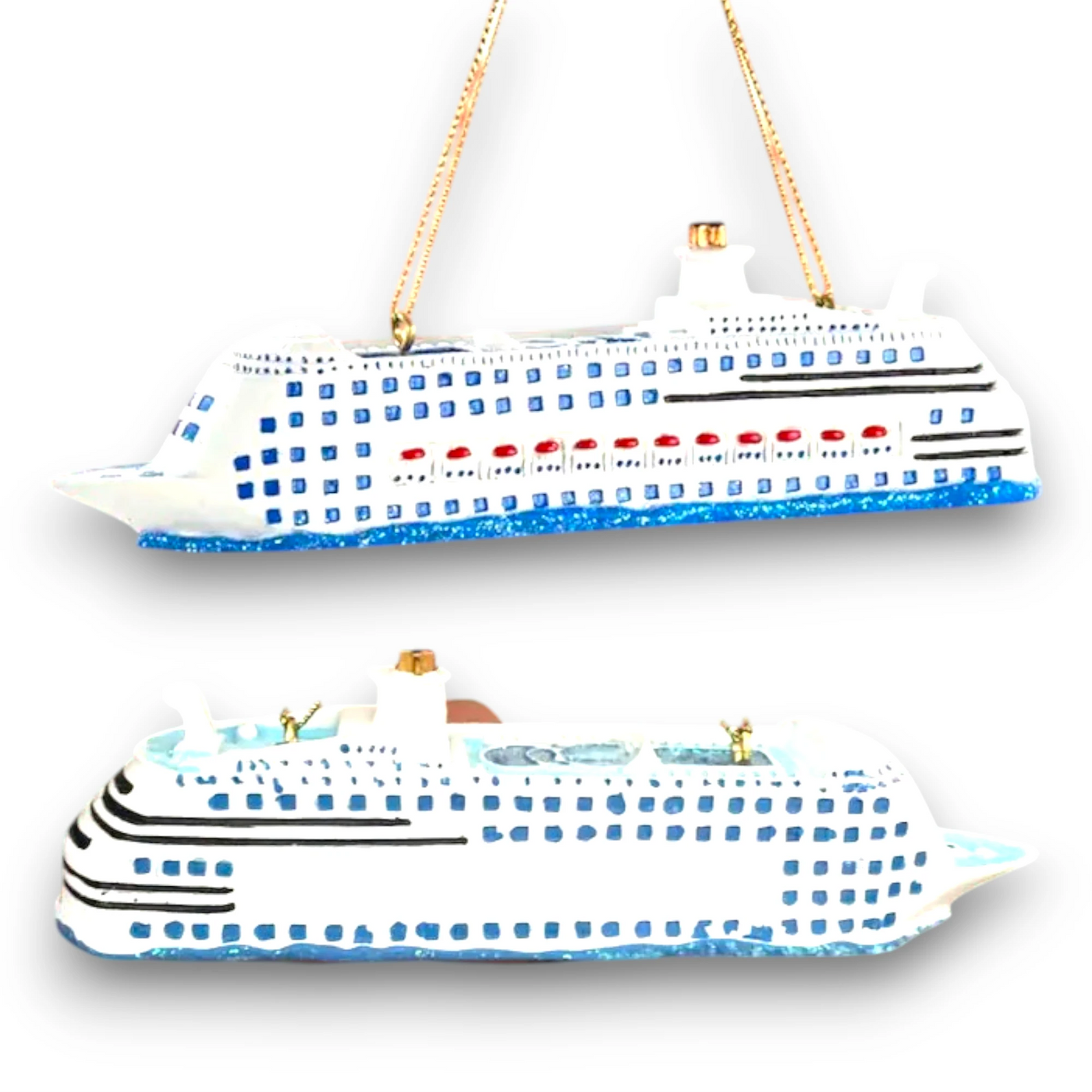 Personalized Cruise Ship Christmas Ornament featuring a detailed white and blue cruise ship design, customizable with name and year.
