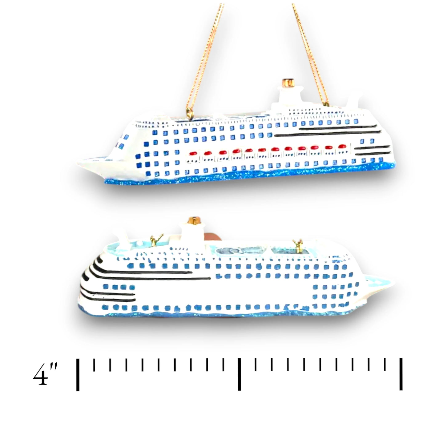 Personalized Cruise Ship Christmas Ornament featuring a detailed white and blue cruise ship design, customizable with name and year.
