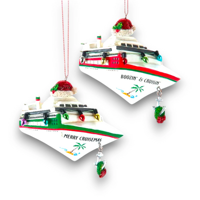 Personalized Cruise Ship Christmas Ornament featuring a festive ship with tropical designs and customizable name and year.

