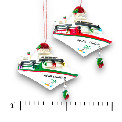 Personalized Cruise Ship Christmas Ornament featuring a festive ship with tropical designs and customizable name and year.
