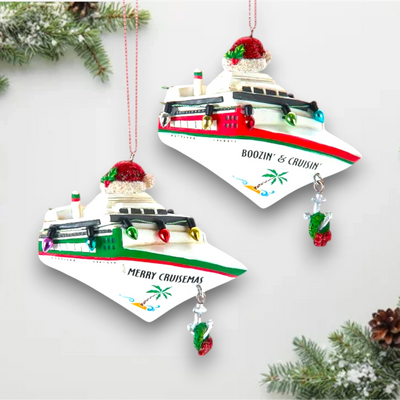 Personalized Cruise Ship Christmas Ornament featuring a festive ship with tropical designs and customizable name and year.
