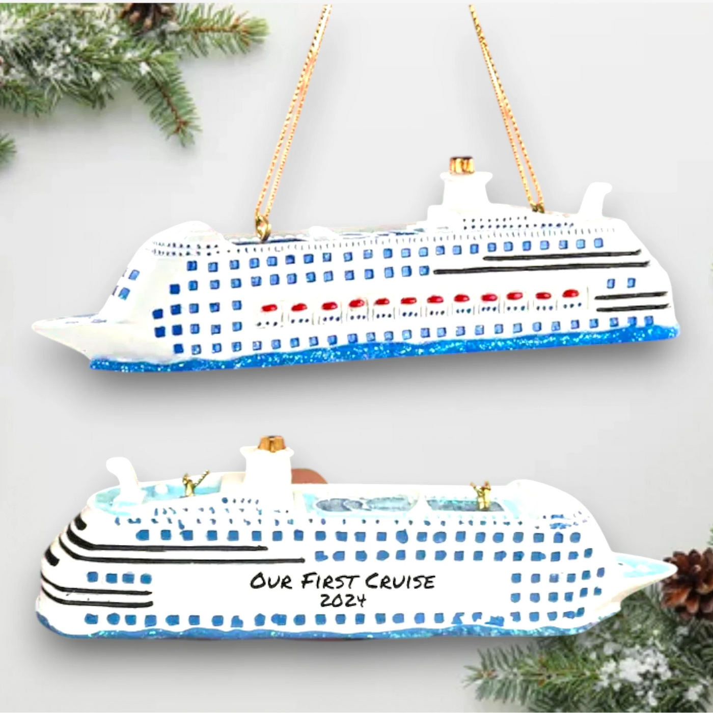 Personalized Cruise Ship Christmas Ornament featuring a detailed white and blue cruise ship design, customizable with name and year.

