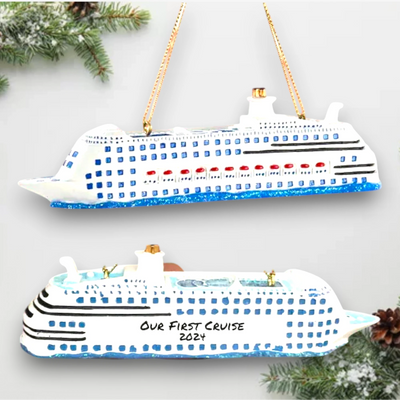 Personalized Cruise Ship Christmas Ornament featuring a detailed white and blue cruise ship design, customizable with name and year.

