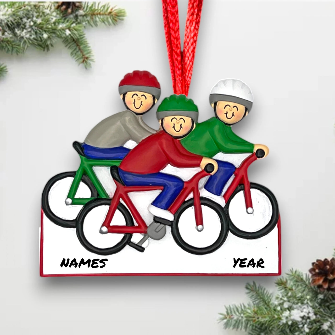 Personalized Cycling 3 People Christmas Ornament with Custom Names and Year – Resin Holiday Keepsake