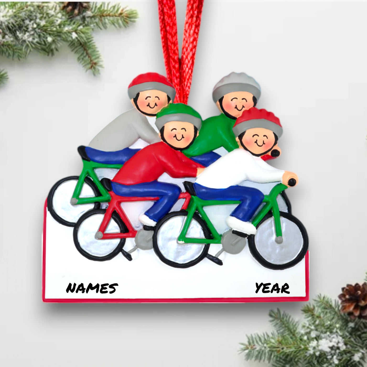 Personalized Cycling Ornament for Four with Custom Names and Year – Resin Christmas Ornament