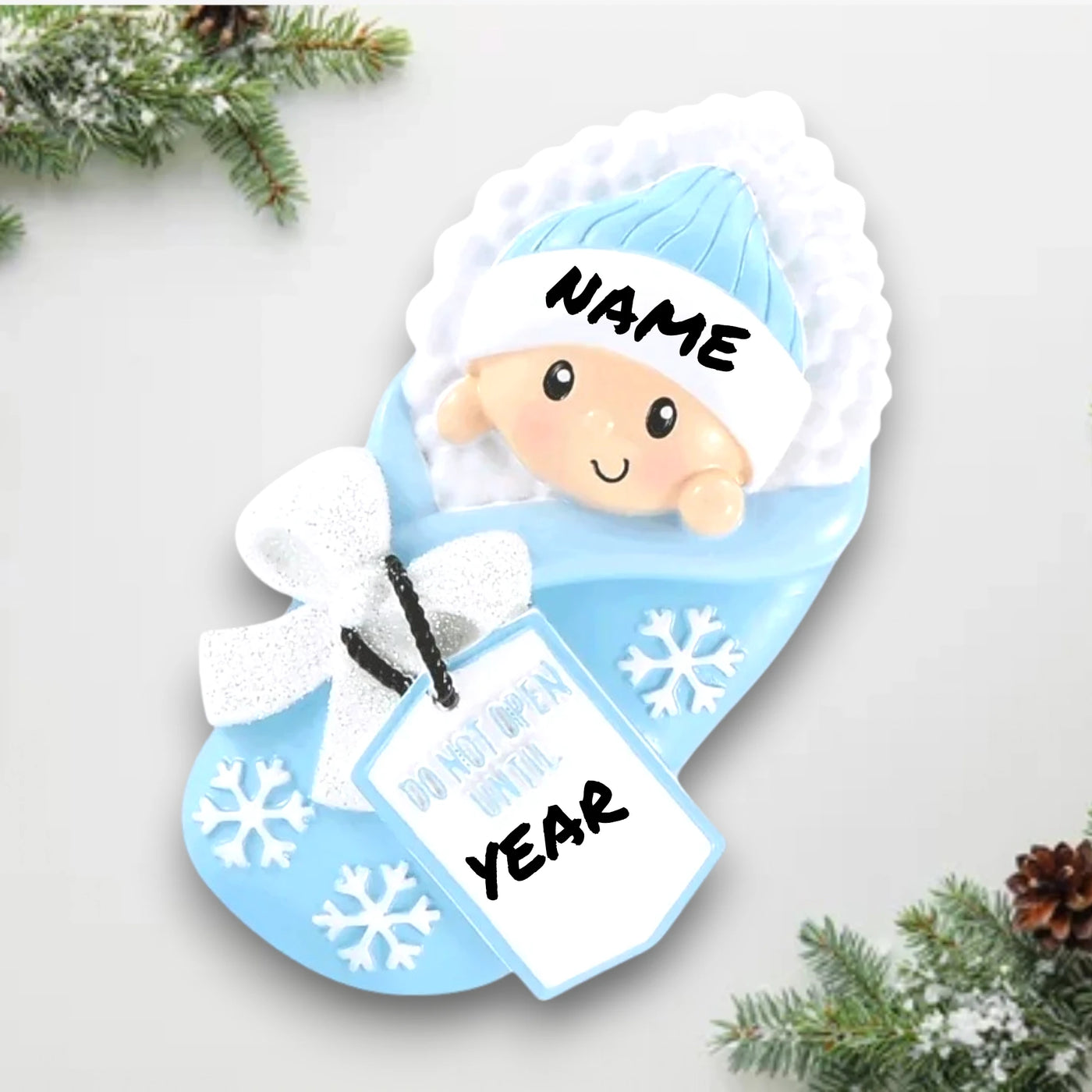  Personalized Do Not Open Until Blue Christmas Ornament with customizable name and year, featuring a bundled baby with snowflake details and a festive tag.