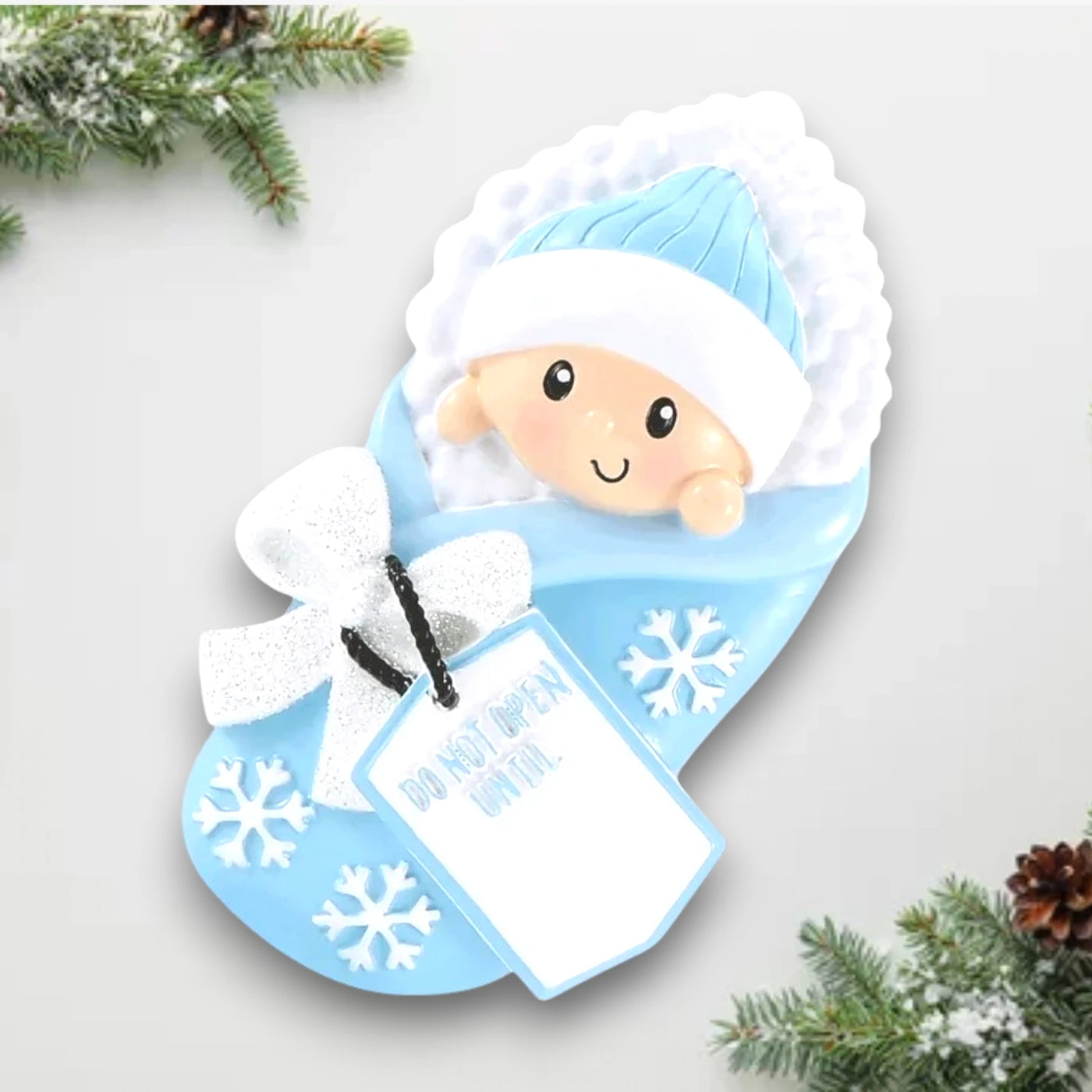  Personalized Do Not Open Until Blue Christmas Ornament with customizable name and year, featuring a bundled baby with snowflake details and a festive tag.