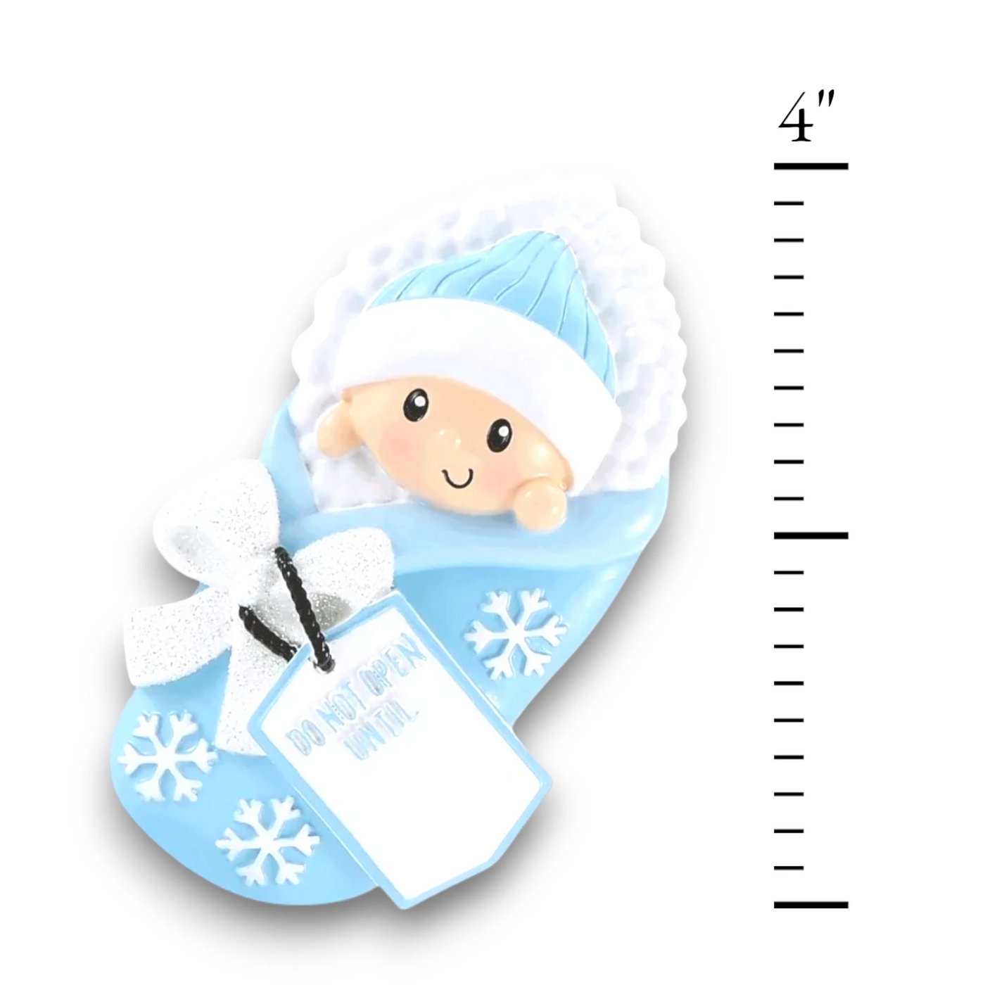  Personalized Do Not Open Until Blue Christmas Ornament with customizable name and year, featuring a bundled baby with snowflake details and a festive tag.