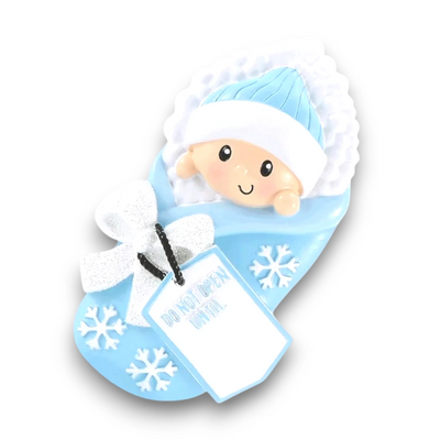  Personalized Do Not Open Until Blue Christmas Ornament with customizable name and year, featuring a bundled baby with snowflake details and a festive tag.