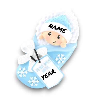  Personalized Do Not Open Until Blue Christmas Ornament with customizable name and year, featuring a bundled baby with snowflake details and a festive tag.