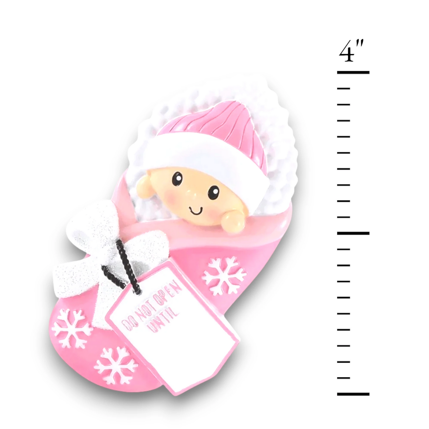 Personalized Do Not Open Until Pink Christmas Ornament with customizable name and year, featuring a baby girl in a cozy pink blanket with snowflake details.