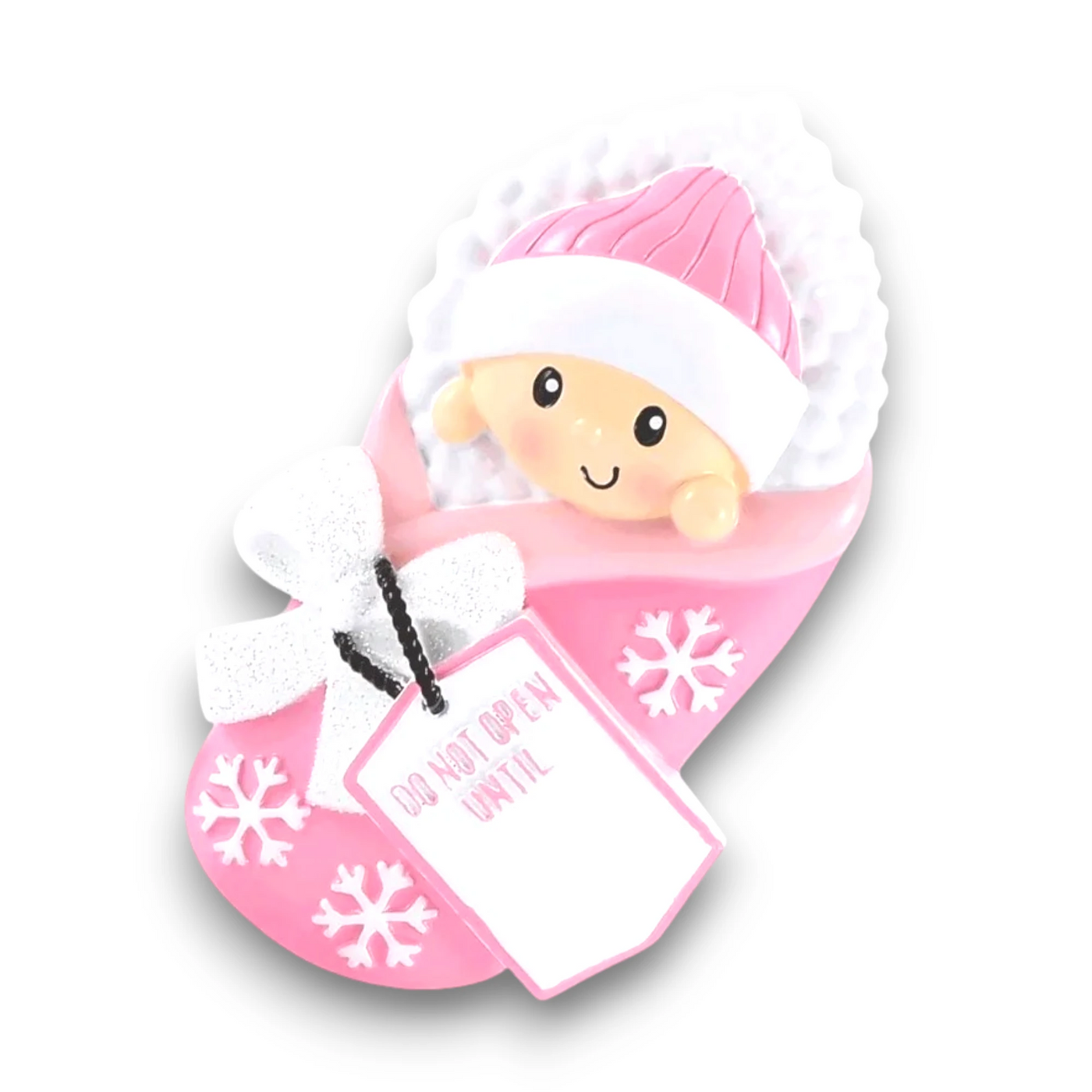 Personalized Do Not Open Until Pink Christmas Ornament with customizable name and year, featuring a baby girl in a cozy pink blanket with snowflake details.