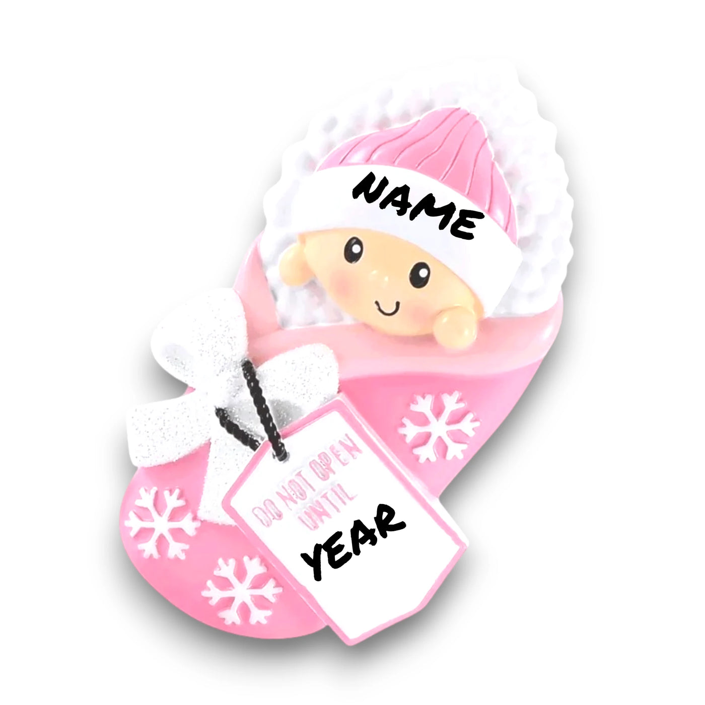 Personalized Do Not Open Until Pink Christmas Ornament with customizable name and year, featuring a baby girl in a cozy pink blanket with snowflake details.