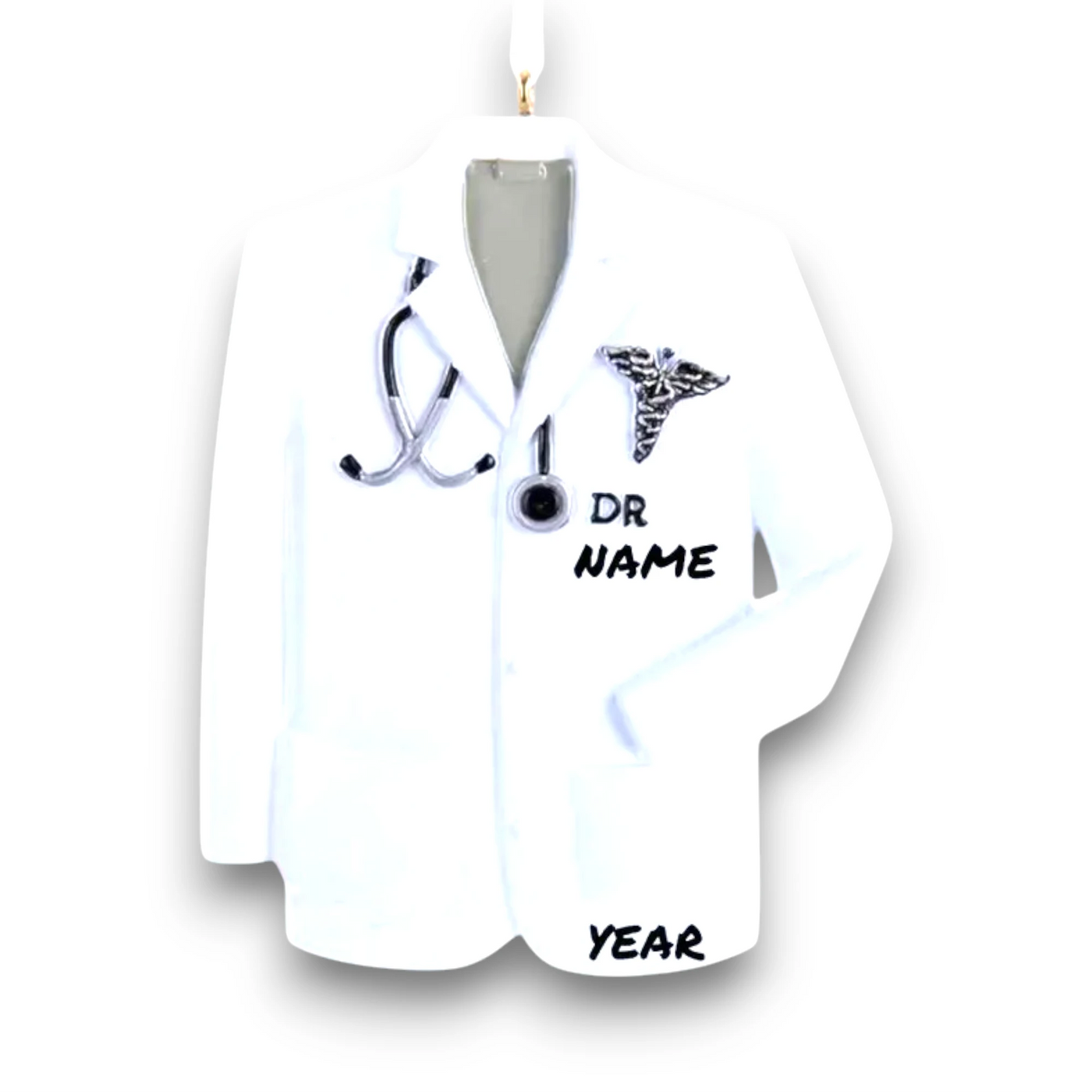 Personalized Doctor Christmas Ornament featuring a white doctor's coat with stethoscope and medical symbol, customizable with name and year.
