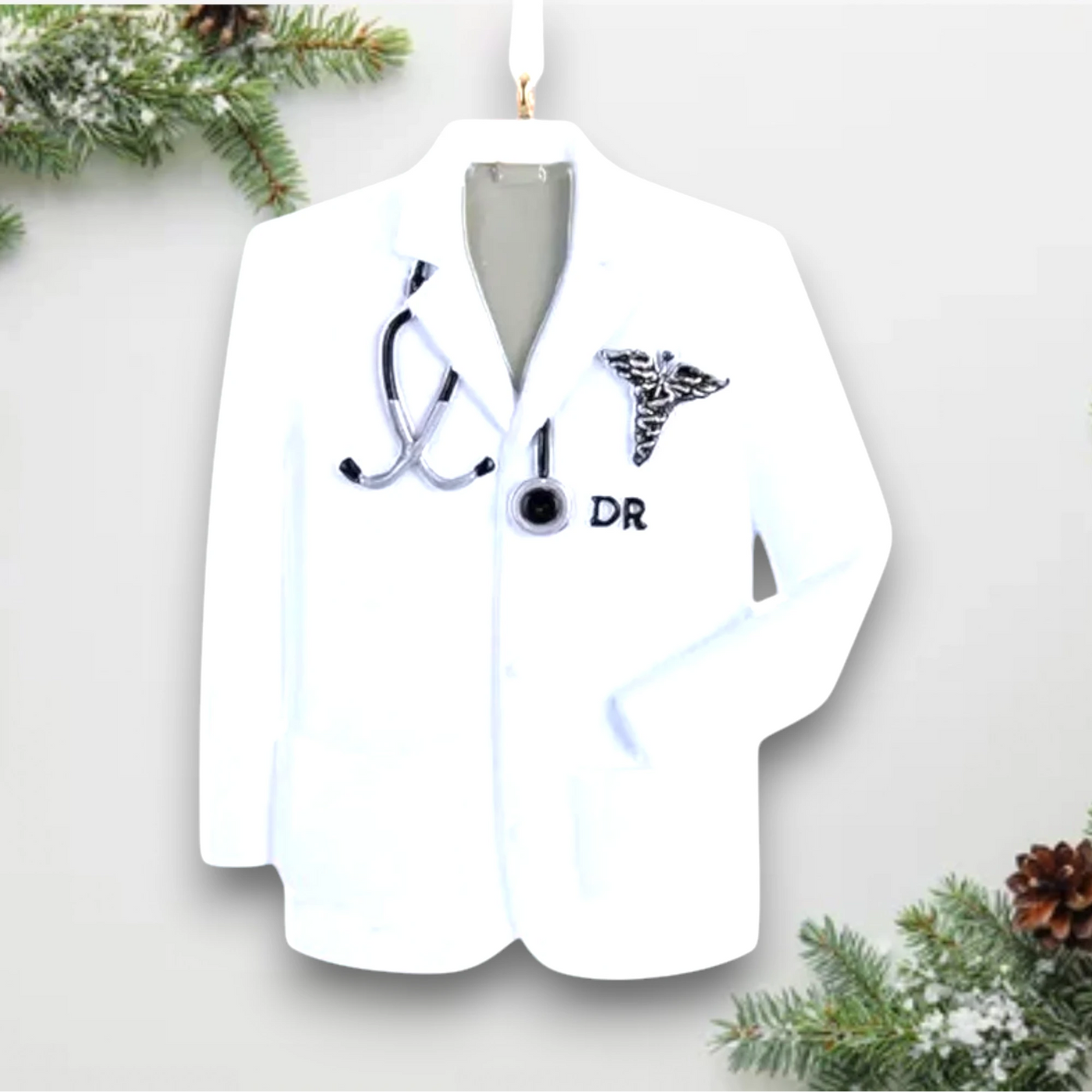 Personalized Doctor Christmas Ornament featuring a white doctor's coat with stethoscope and medical symbol, customizable with name and year.

