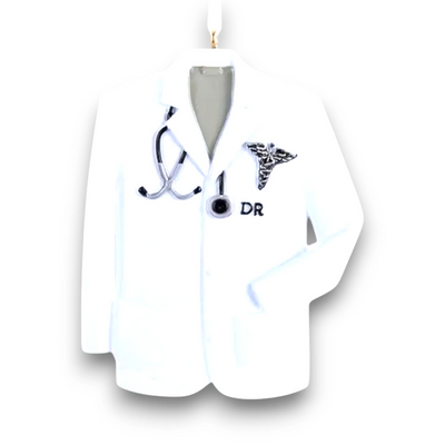 Personalized Doctor Christmas Ornament featuring a white doctor's coat with stethoscope and medical symbol, customizable with name and year.
