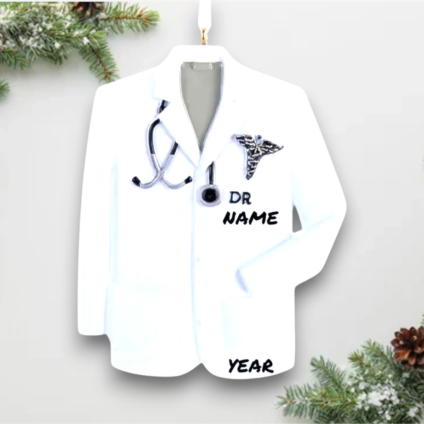 Personalized Doctor Christmas Ornament featuring a white doctor's coat with stethoscope and medical symbol, customizable with name and year.
