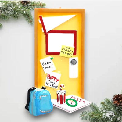 Personalized Dorm Room Christmas Ornament featuring a colorful dorm door, sticky notes, a backpack, and pizza, with customizable name and year.

