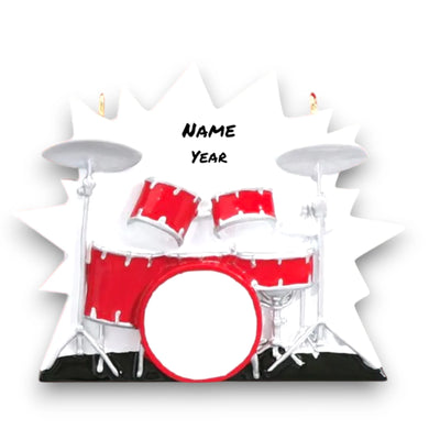 Personalized Drums Christmas Ornament featuring a red drum set with customizable name and year, perfect for drummers and music enthusiasts.

