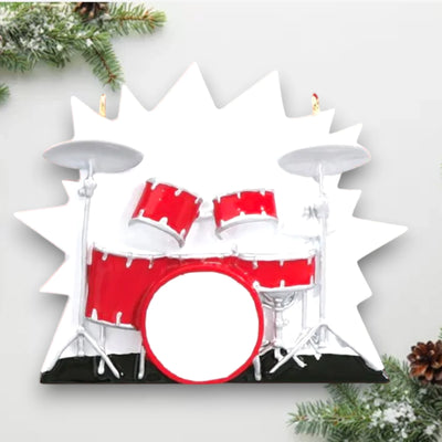 Personalized Drums Christmas Ornament featuring a red drum set with customizable name and year, perfect for drummers and music enthusiasts.

