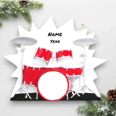 Personalized Drums Christmas Ornament featuring a red drum set with customizable name and year, perfect for drummers and music enthusiasts.

