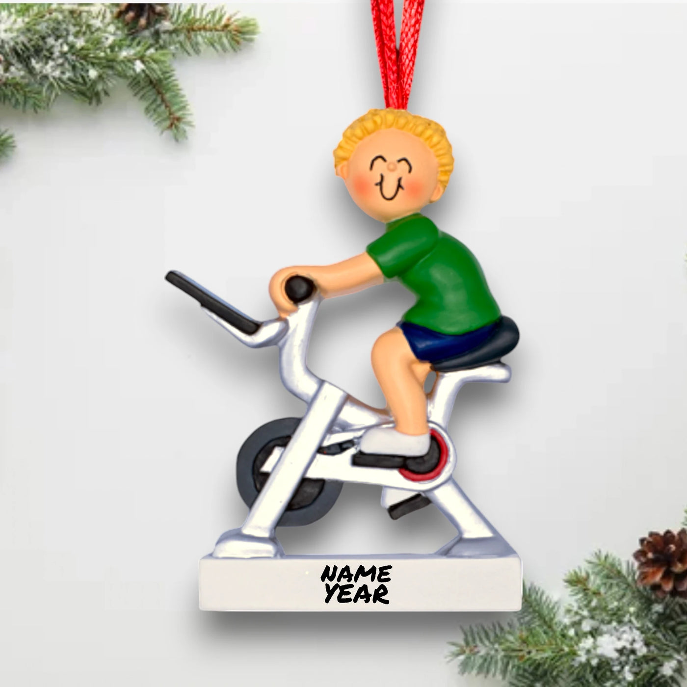 Personalized Blonde Male Exercise Bike Ornament with Custom Name and Year – Resin Christmas Ornament

