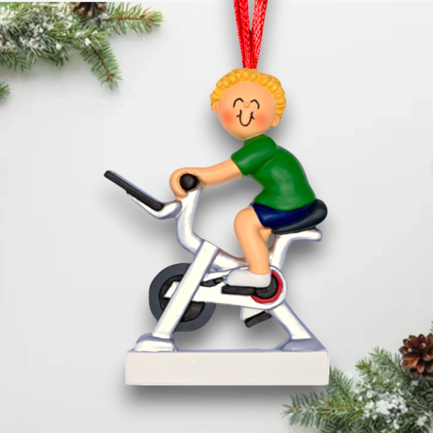 Personalized Blonde Male Exercise Bike Ornament with Custom Name and Year – Resin Christmas Ornament

