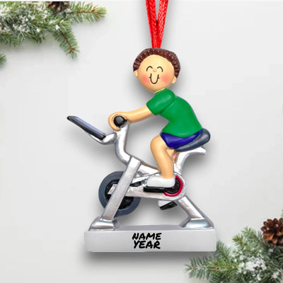 Personalized Exercise Bike Male Brunette Christmas Ornament with Custom Name and Year – Resin Ornament

