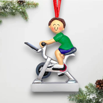 Personalized Exercise Bike Male Brunette Christmas Ornament with Custom Name and Year – Resin Ornament

