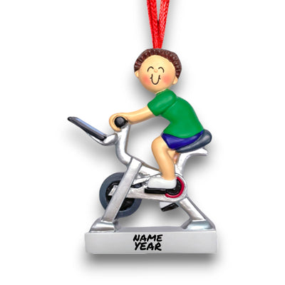 Personalized Exercise Bike Male Brunette Christmas Ornament with Custom Name and Year – Resin Ornament

