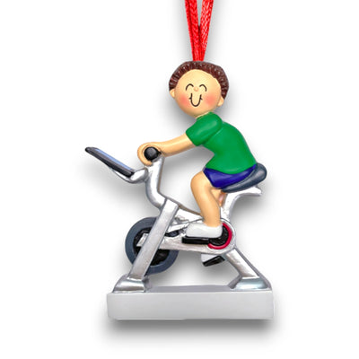 Personalized Exercise Bike Male Brunette Christmas Ornament with Custom Name and Year – Resin Ornament

