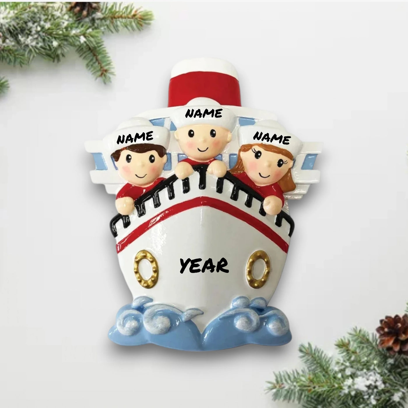 Personalized Family of 3 on a Cruise Ship Christmas Ornament with customizable names and year, featuring three family members peeking over the ship’s bow.