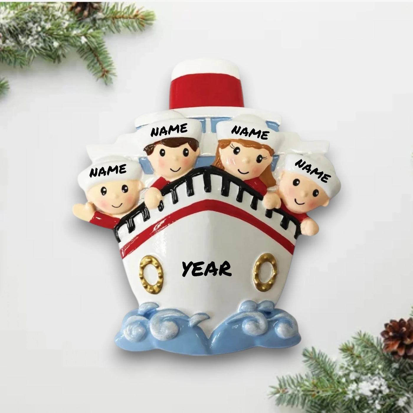 Personalized Family of 4 on a Cruise Ship Christmas Ornament with customizable names and year, featuring four family members peeking over the ship’s bow.