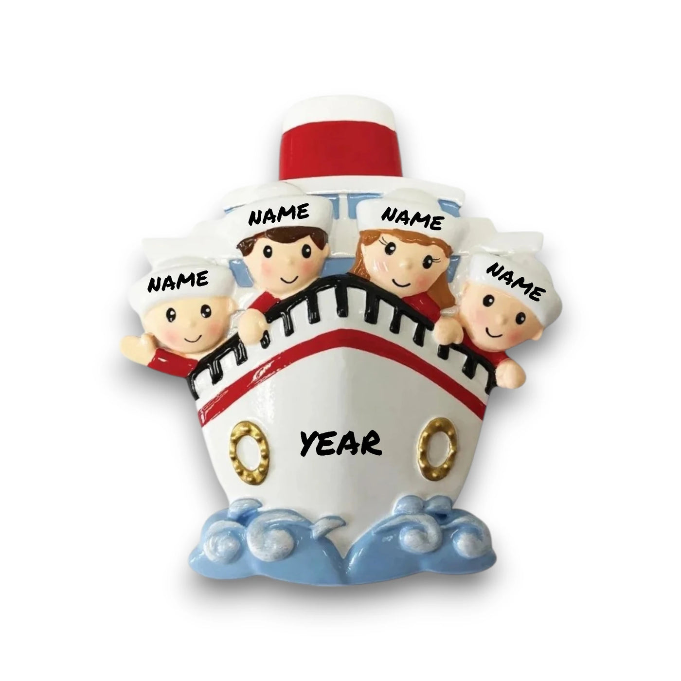 Personalized Family of 4 on a Cruise Ship Christmas Ornament with customizable names and year, featuring four family members peeking over the ship’s bow.