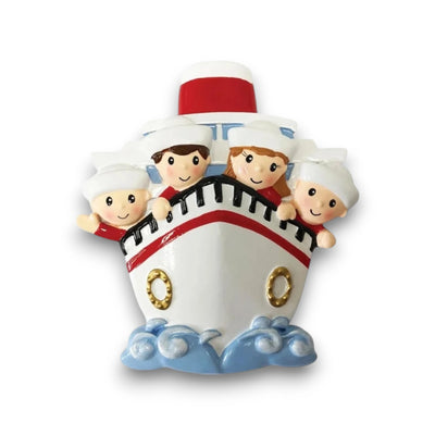 Personalized Family of 4 on a Cruise Ship Christmas Ornament with customizable names and year, featuring four family members peeking over the ship’s bow.