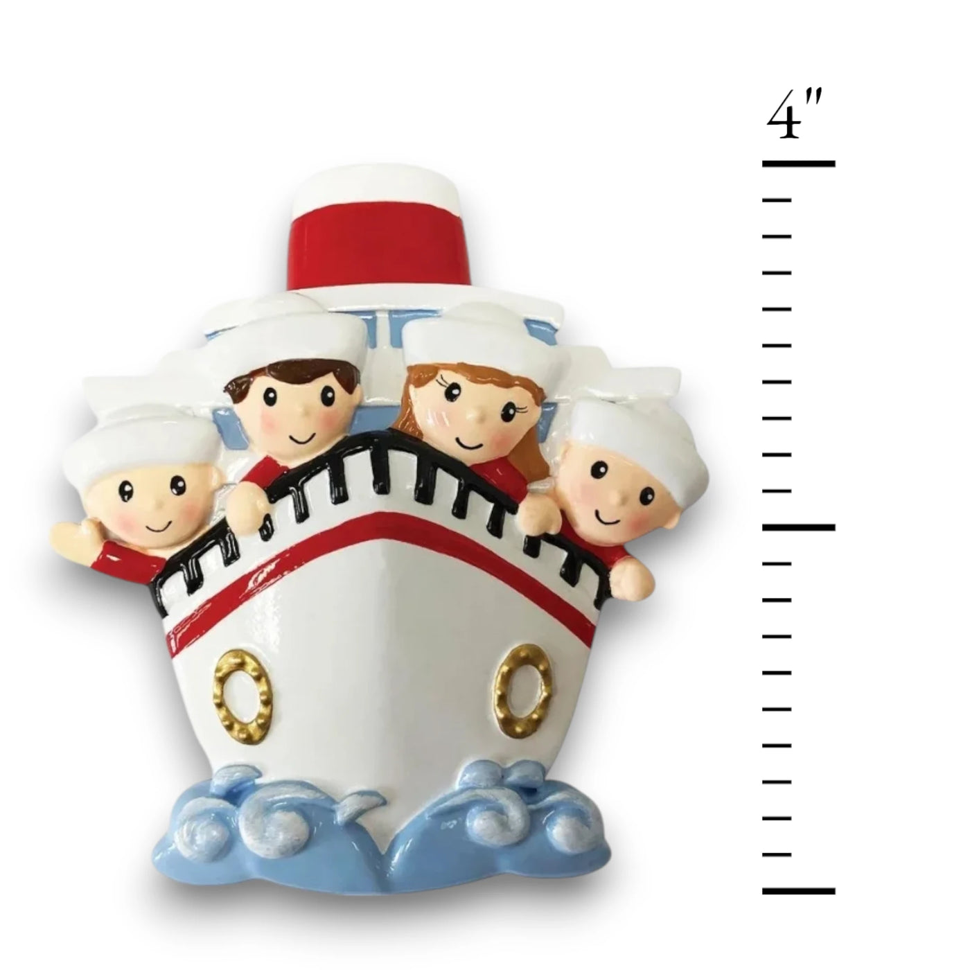 Personalized Family of 4 on a Cruise Ship Christmas Ornament with customizable names and year, featuring four family members peeking over the ship’s bow.