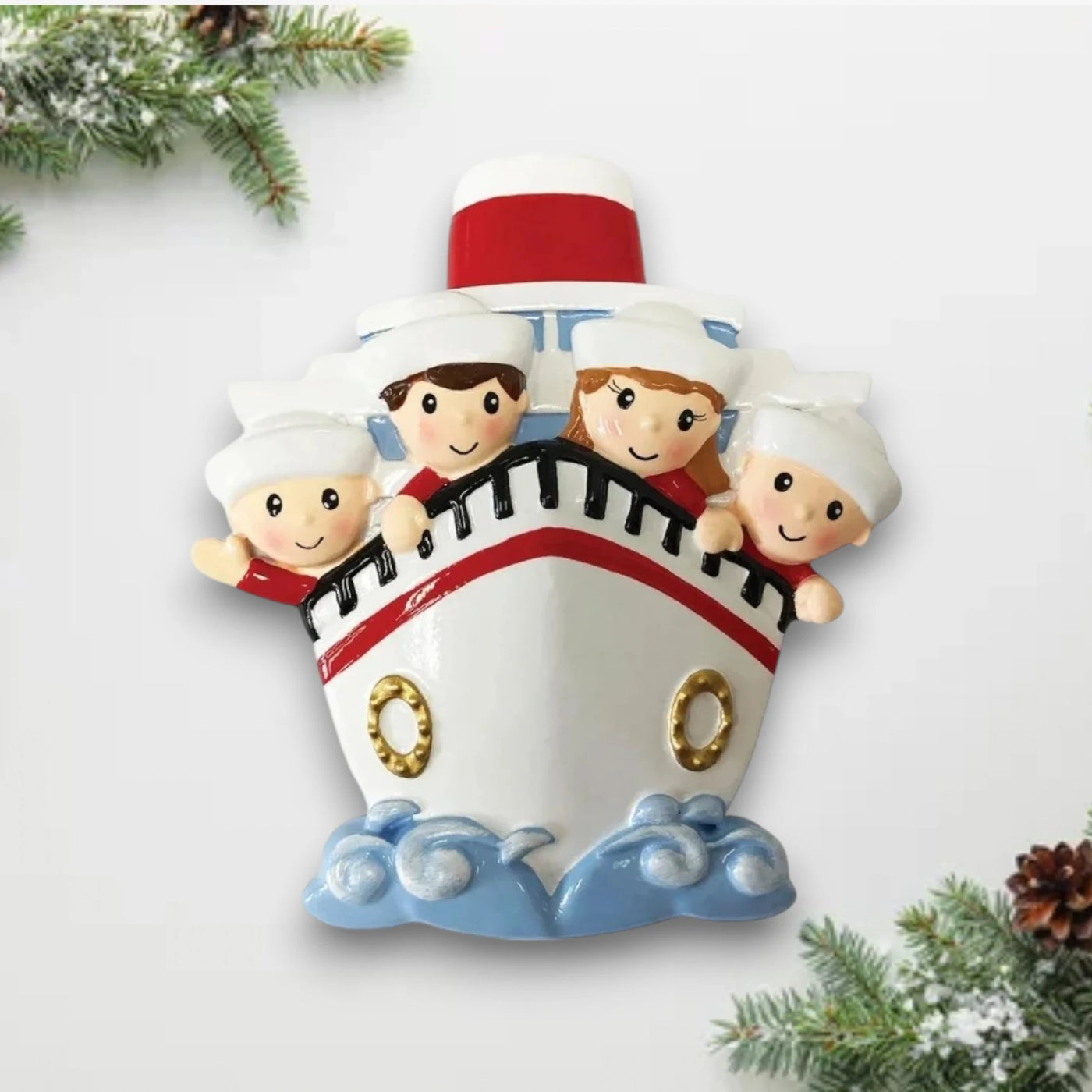 Personalized Family of 4 on a Cruise Ship Christmas Ornament with customizable names and year, featuring four family members peeking over the ship’s bow.