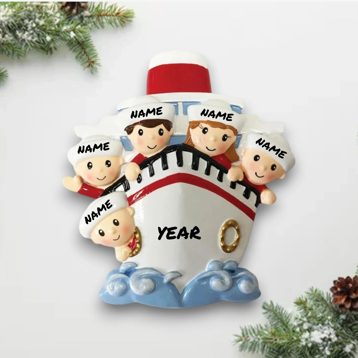 Personalized Family of 5 on a Cruise Ship Christmas Ornament with customizable names and year, featuring five family members peeking over the ship’s bow.